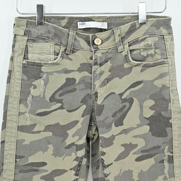 ZARA Womens Size 4 Camo Khaki Green Army Camouflage Skinny Slim Jeans Distressed - Picture 3 of 10